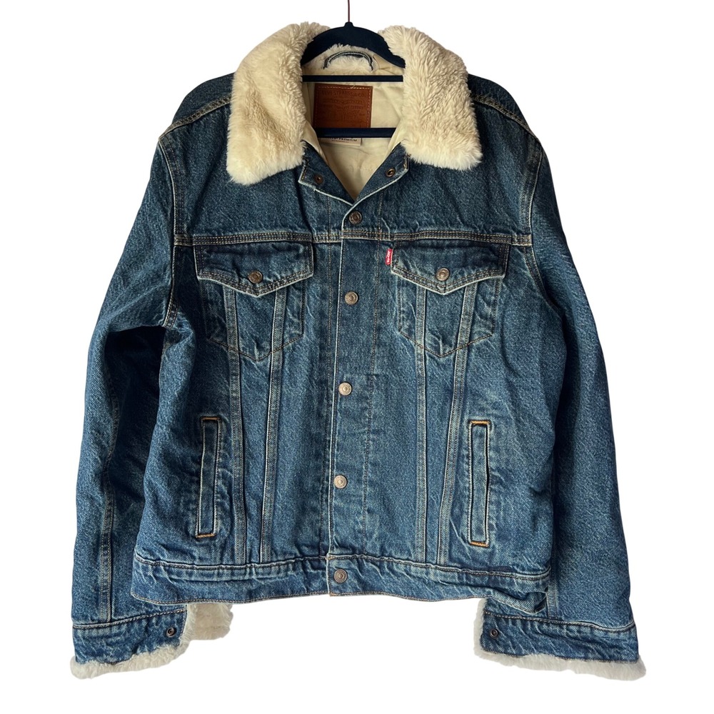 Levi's Womens Faux Fur Collar Ex-Boyfriend Trucker Jacket‎ Oversized Blue Large